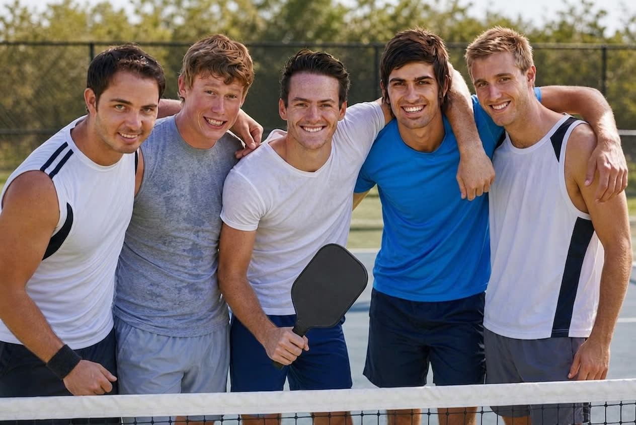 Group of friends smiling together at the net on a pickleball court