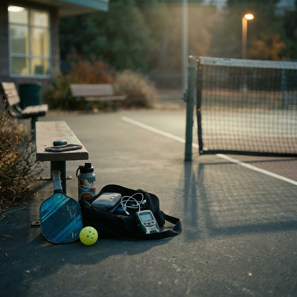 Pickleball gear bag with paddle, ball, water bottle and score counter courtside